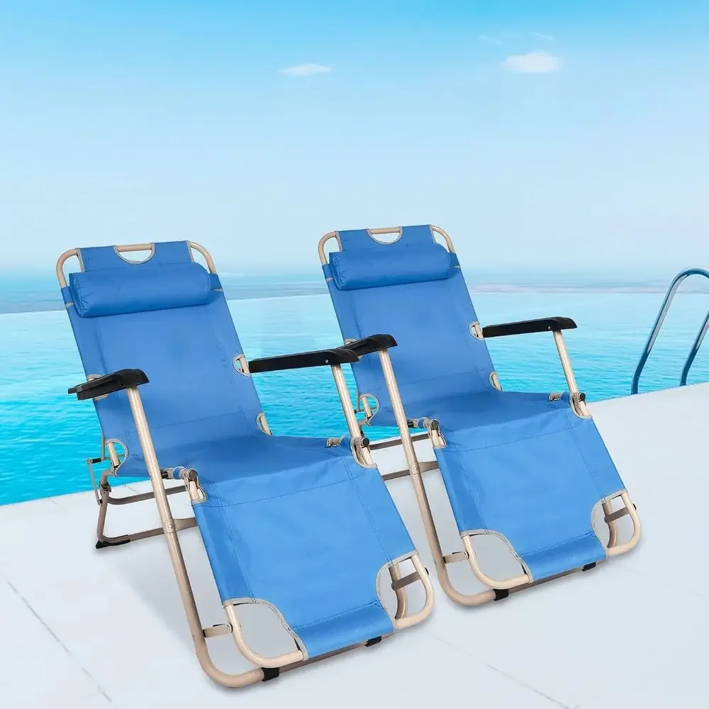 Lightweight 2-Piece Portable Outdoor Reclining Lawn Chairs with Adjustable Positions, Beach Lounger Chaise with Footrest and Rem