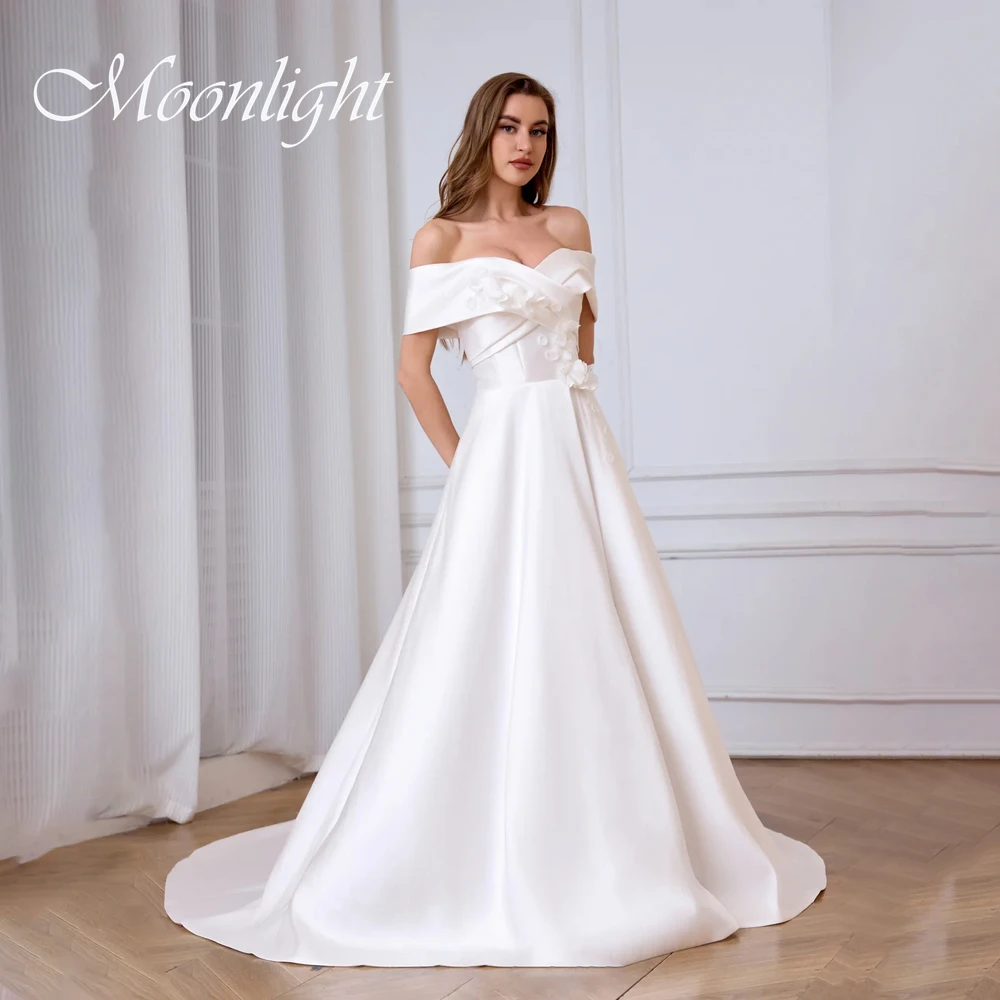 

Классическое свадебное платье трапециевидной формы с цветами 2026, плиссированное атласное свадебное платье с открытыми плечами и v-образным вырезом с открытой спиной, Vestidos De Novia по индивидуальному заказу