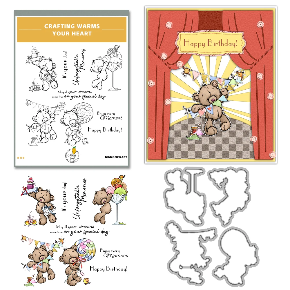 Mangocraft Happy Birthday To Cute Doll Bear Cutting Dies Clear Stamp DIY Scrapbooking Metal Dies Silicone Stamp For Cards Albums