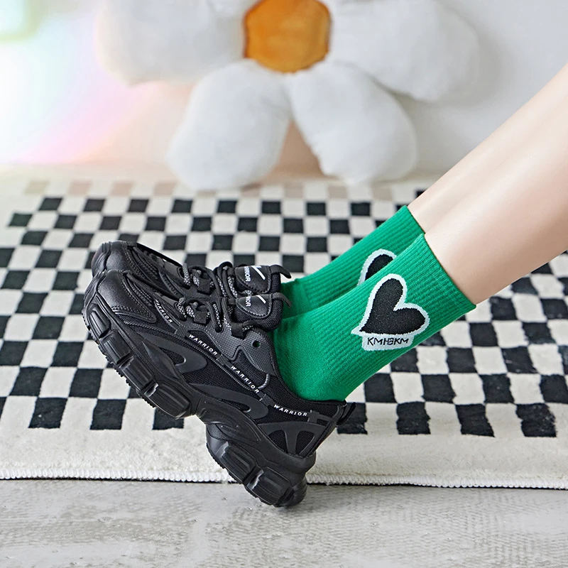 Fashion Green Plaid Socks Woman Ins Korean Style Letter Cute Socks Spring Summer Cotton White Long Socks Harajuku Calceines