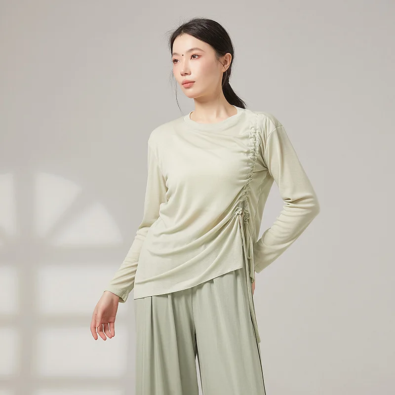 Women Modern Classical Dance Drawstring Loose Top Soft Lyocell Polyester T-shirt Breathable Sweat Absorbent Ballet Dance Top