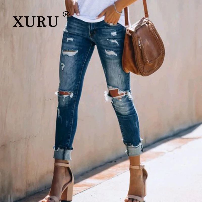 

XURU - New Women's Retro High Waisted Elastic Ripped Jeans, Y2k Clothes, Slim and Long Jeans with Small Feet