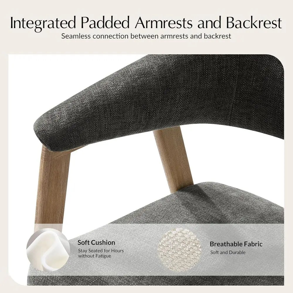 Set di 2 sedie da pranzo imbottite moderne Mid-Century, grigie, con braccioli, schienali curvi e gambe in legno massello per cucina o Res