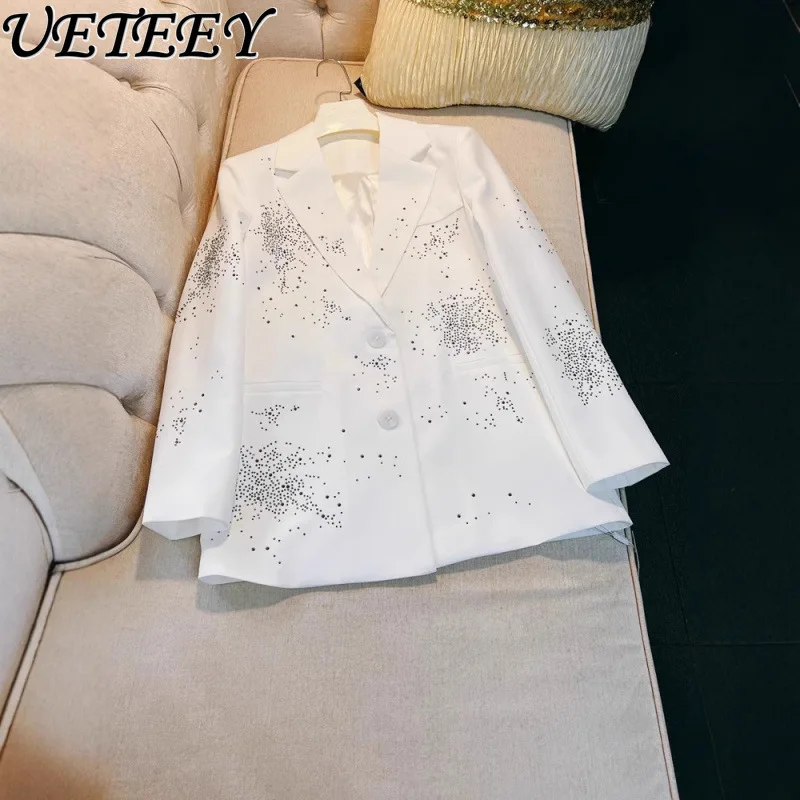 

French Niche Hot Diamond Suit Jacket Temperament British Style Temperament High Sense White Casual Celebrity Blazer Coat Women
