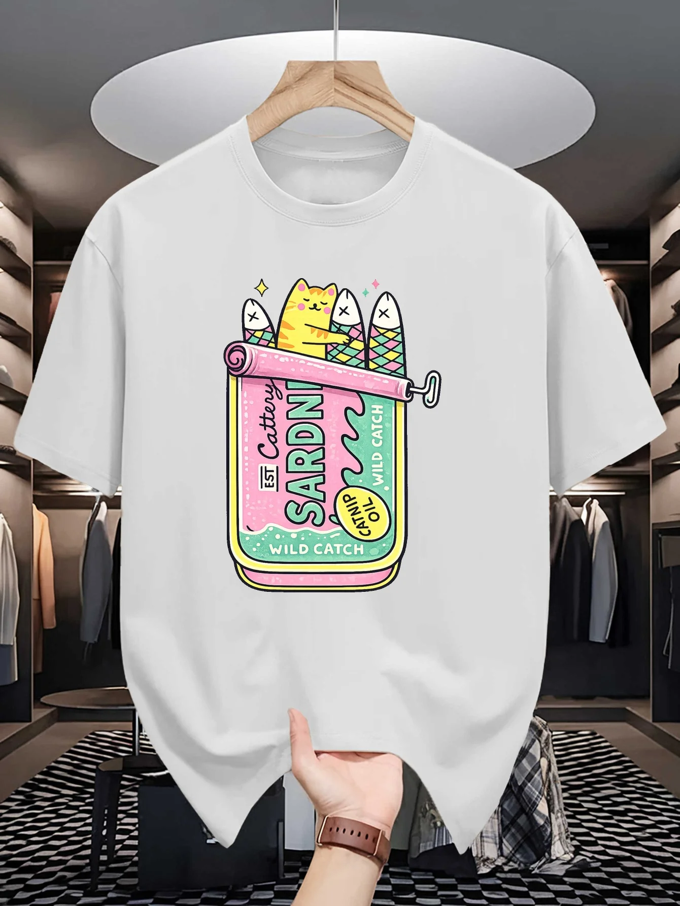 Mens Crew Neck T Shirt Funny Cat Hiding Inside Sardine Can Colorful Cartoon Graphic Short Sleeve Casual Cotton Fun Street Tees