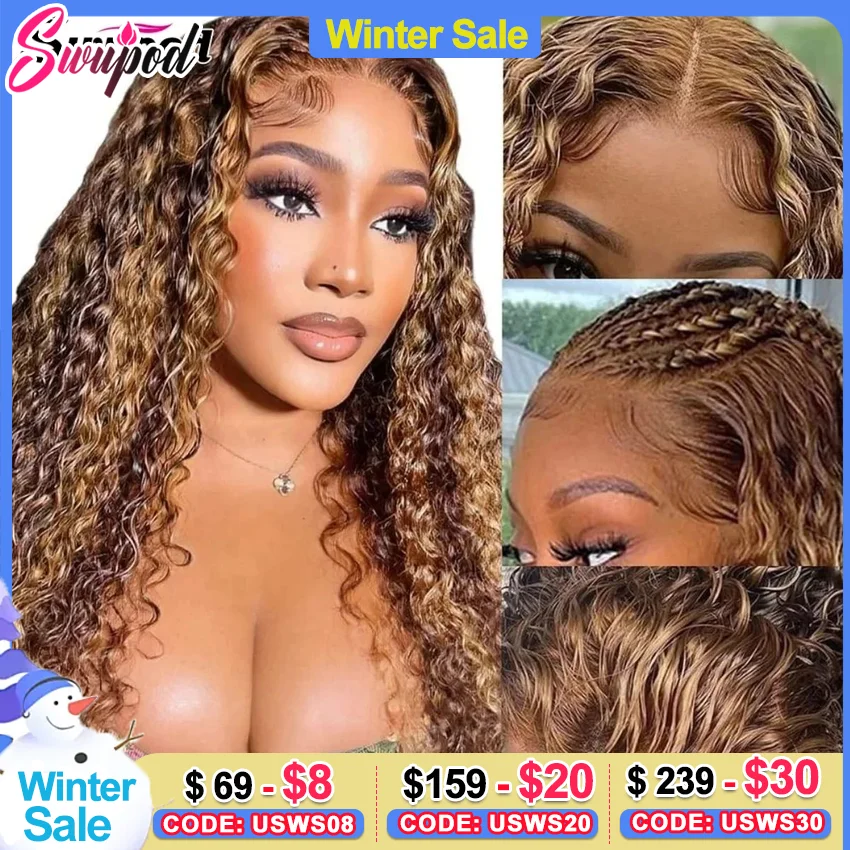 13x4 HD Lace Front Wig for Women Water Deep Wave Remy Human Hair P4/27 Piano Ombre Blonde Brown Highlight Glueless Pre Plucked