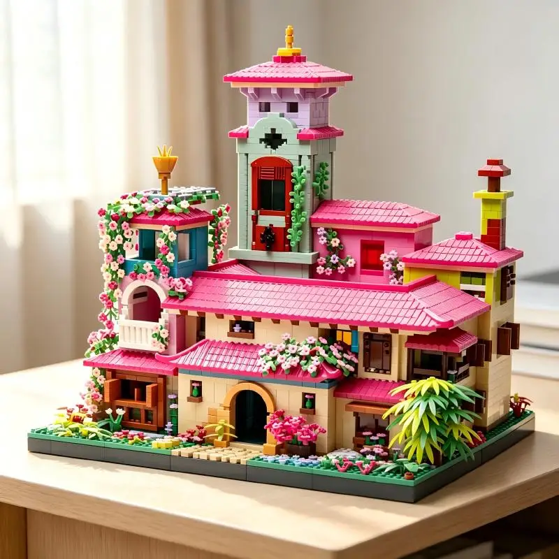Bunte Villa-Bausteine, reichhaltige Blumenlandschaft, DIY-Montage, Tischdekoration für Zuhause, ideales Geschenk für Modellbau-Sammler.