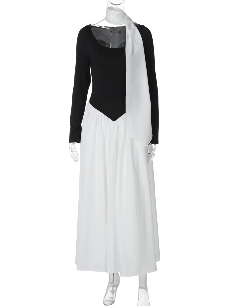 Abiti da donna Fasciatura Abito da sera patchwork a maniche lunghe Moda femminile Tuniche a vita alta Abiti da ballo lunghi a trapezio increspati