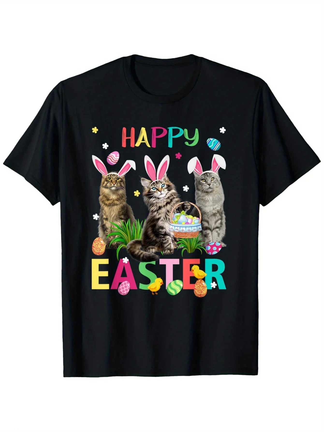

Cute Cats Bunny Ears Easter Eggs Graphic Tee Short Sleeve Crewneck T-Shirt Daily Casual Tops