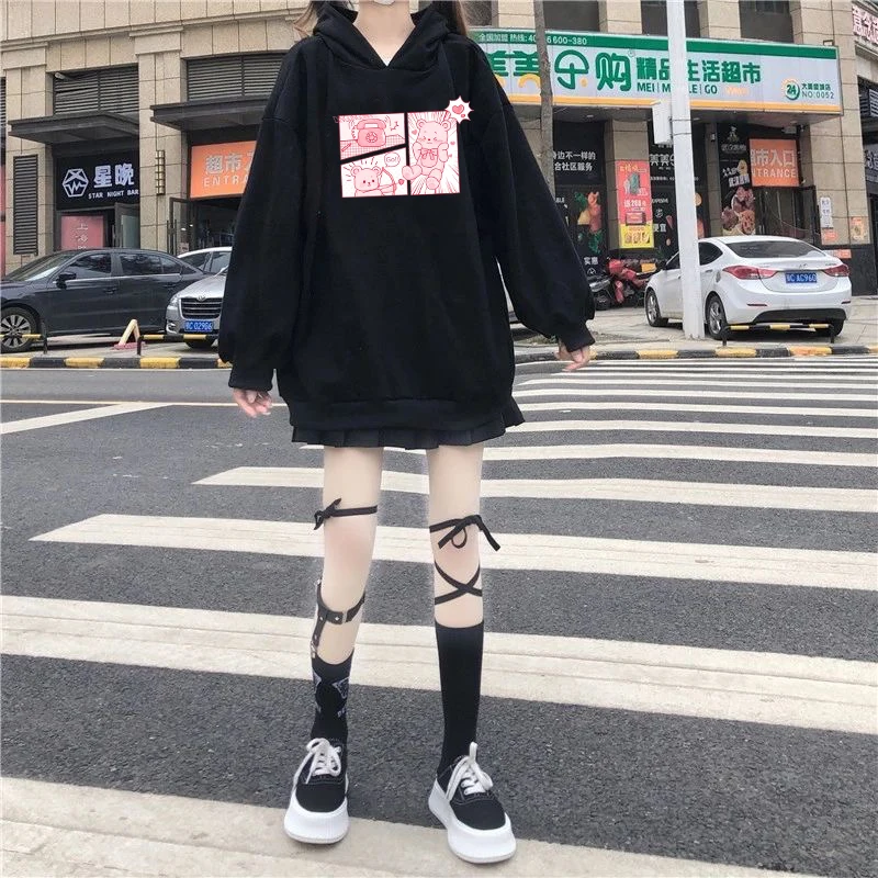 Japan Style Kawaii Hoodies Women Soft Girl Harajuku Bunny Bear Print White Sweatshirt Sweet Tops Cute Clothes Gothic punk tops