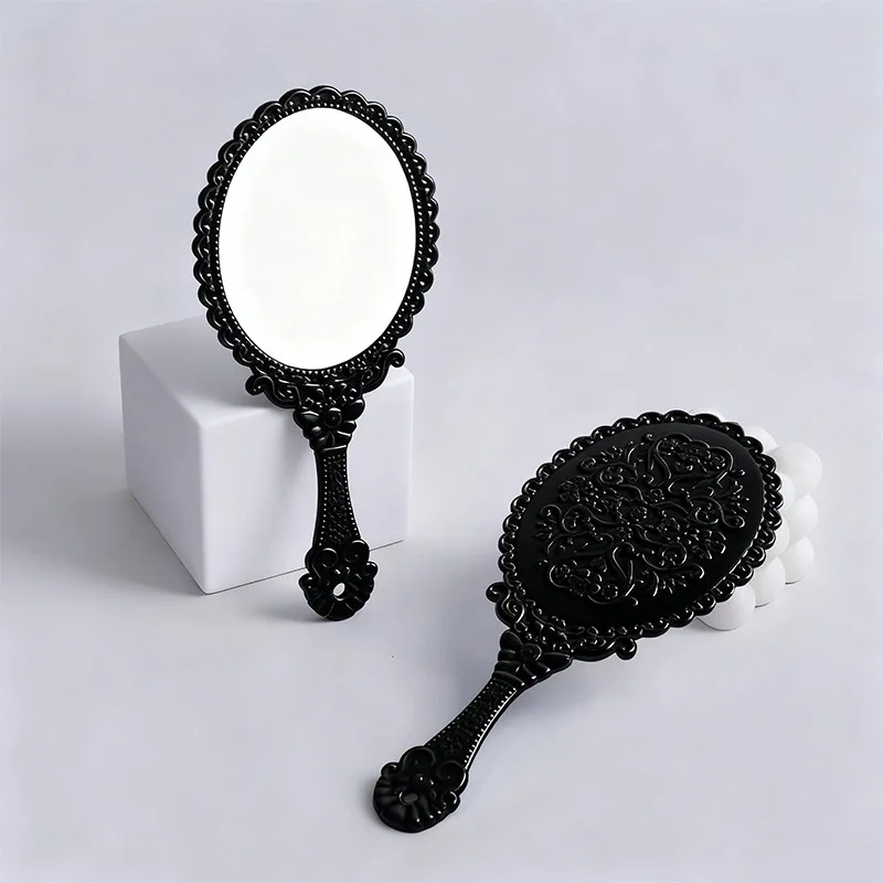 مرآة محمولة بيضاوية أوروبية عتيقة، مقبض زجاجي صغير من جانب واحد مدمج للمحفظة والسفر