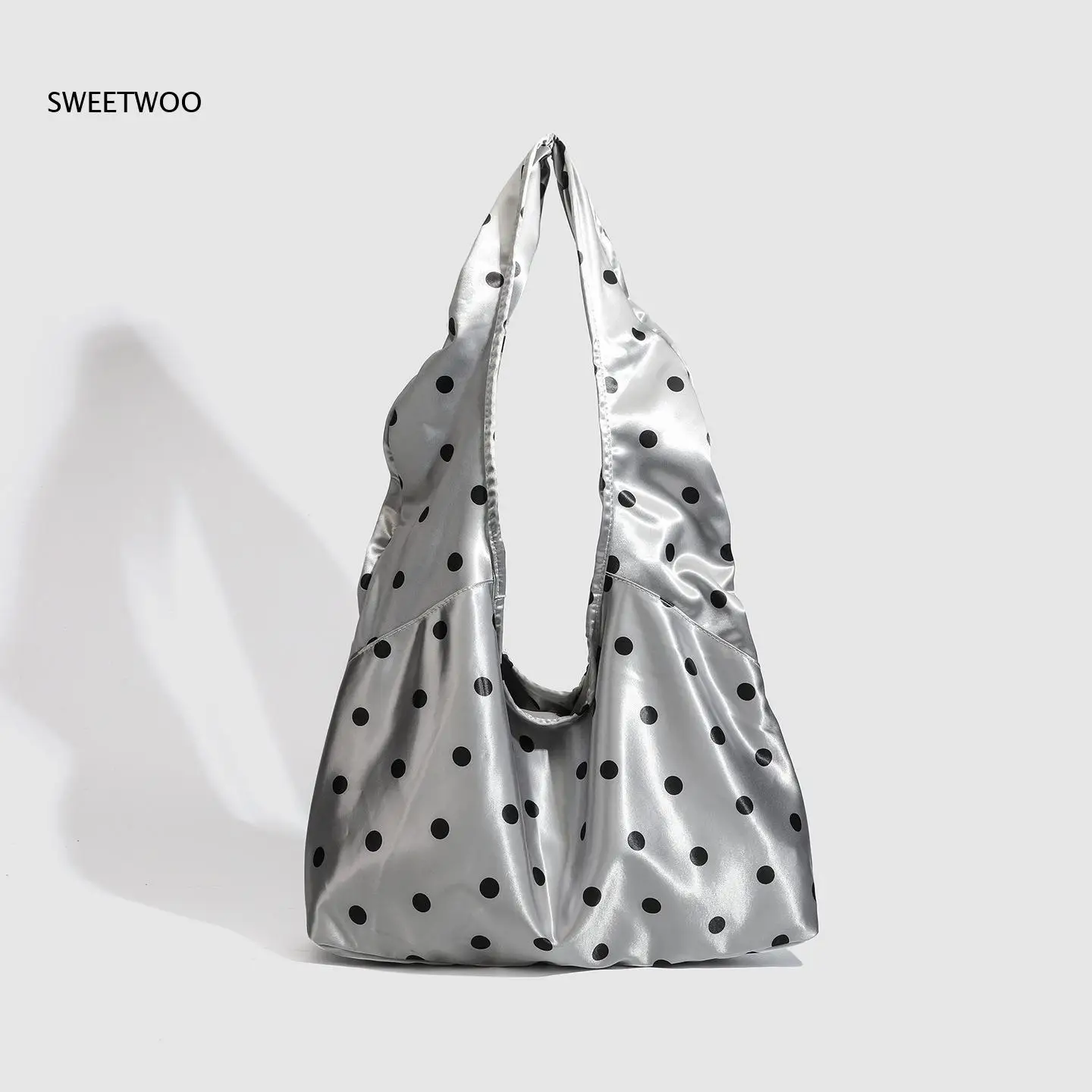 Vintage Silver Polka Dot Shoulder Bag Soft Satin Fabric With Oversized Hobo Silhouette Perfect For Y2K And Casual Looks