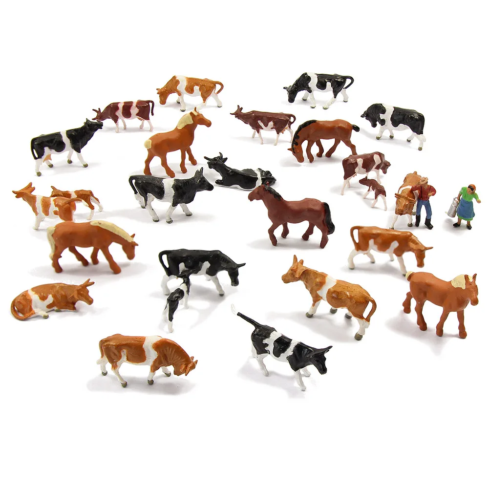 Evemodel HO Scale 1:87 Painted Farm Animals Cows Horses Cattle with Herder Cowboy (pack of 36)