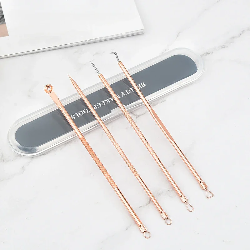 4Pcs Stainless Steel Acne Needle Set With Box Blackhead Extractor Rose Gold Black Dots Cleaner Acne Blemish Remover Needles Set