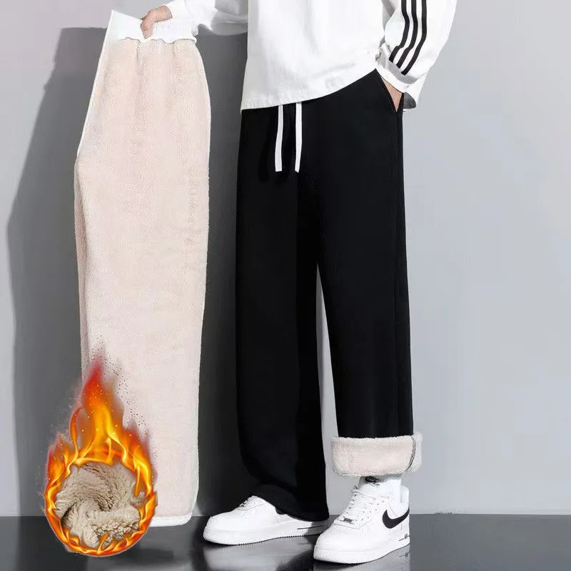 

Men's Casual Fce Lined Loose Thi Warm Long Pants Straight Leg Polyester Fiber Youth Autumn Winter Faion Trend Co...