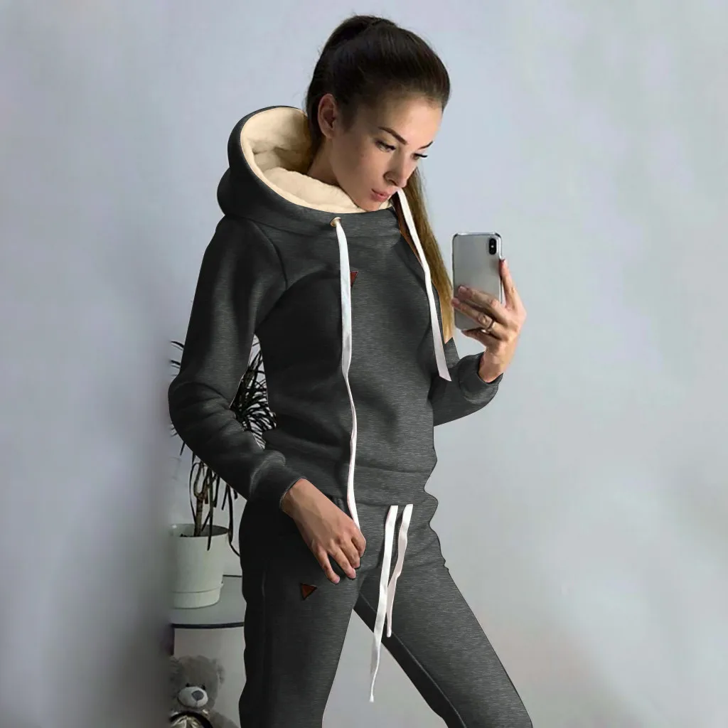 Women's Autumn And Winter Thickened  2 Piece Set Turtleneck Solid Color Pullover Hoodies Drawstring Elastic Waist Long Tracksuit