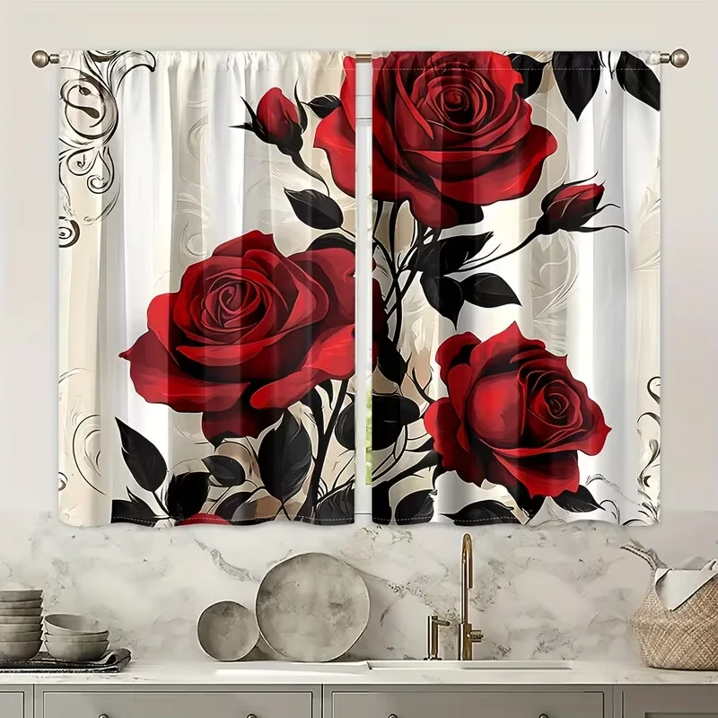 2pc Burning Red Rose Curtains, Light Luxury French Style, Suitable for Bedrooms，Living Rooms, Rod Pocket Decorative Curtains