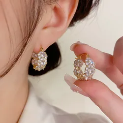 New women's fashion jewelry 14K gold plated round flower Zircon shiny earrings for Christmas party girls fashion accessories
