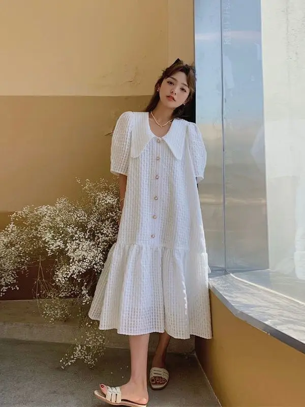 

Платье с воротником-стойкой больших размеров для женщин: милое, универсальное, длинное летнее платье в корейском стиле, дышащее, комфортное, свободного кроя, с пышными рукавами.