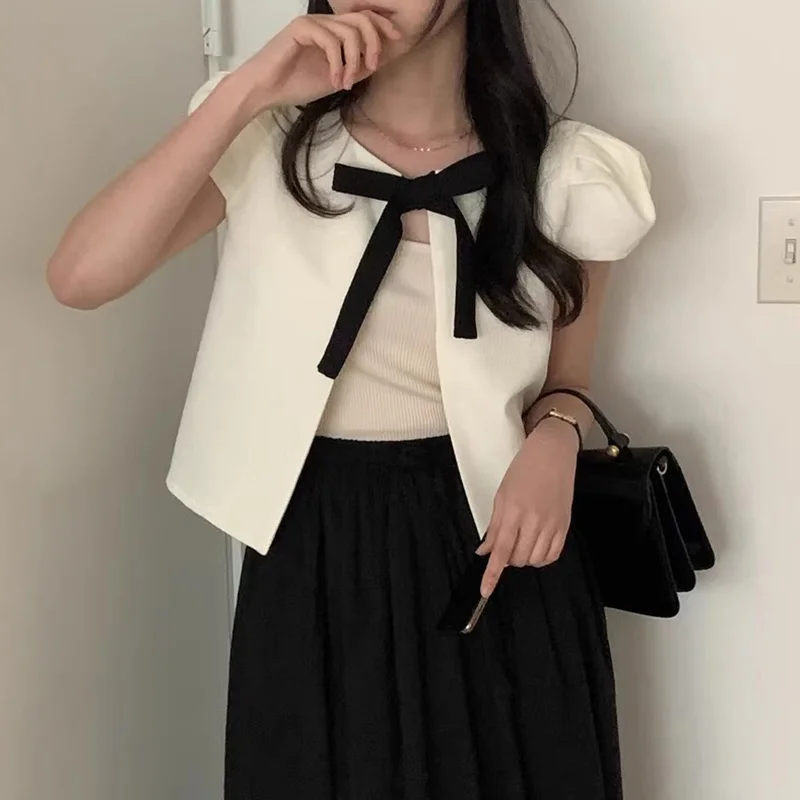 

Temperament Bow Lace Up Color Blocked Short Jacket Korean Chic Bubble Sleeve Loose Casual Versatile Top Women's Commuting Coat