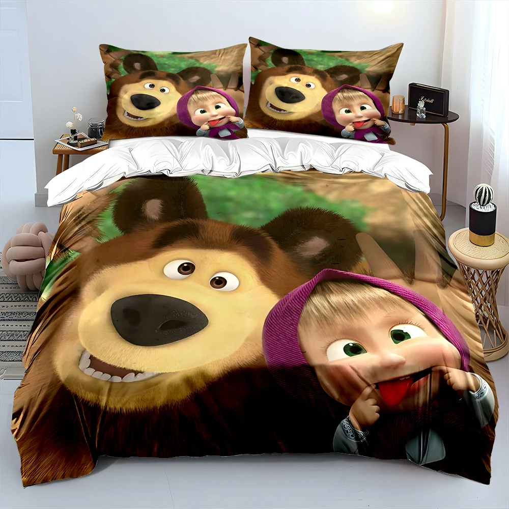 3PC Cartoon M-Masha and Bear Printed Bedding Set Cartoon Anime Duvet Cover Comforter Pillowcase Boys Girls Children Adults King