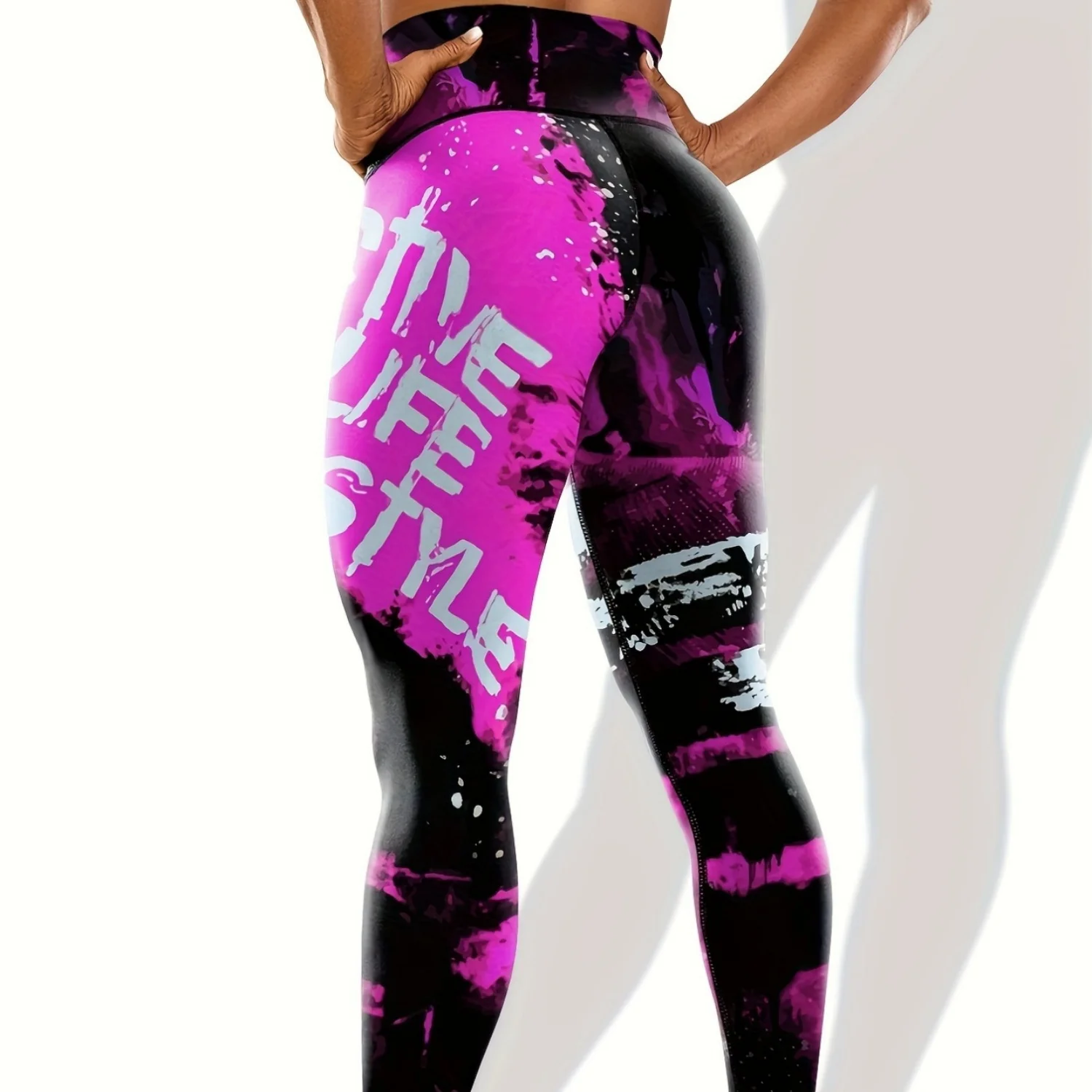Yoga Pants, Women's High‑Waist Purple Tie‑Dye Letter Graffiti Print Stretch Leggings, Buttery‑Soft Full‑Length Gym Workout Running Casual Active Pants