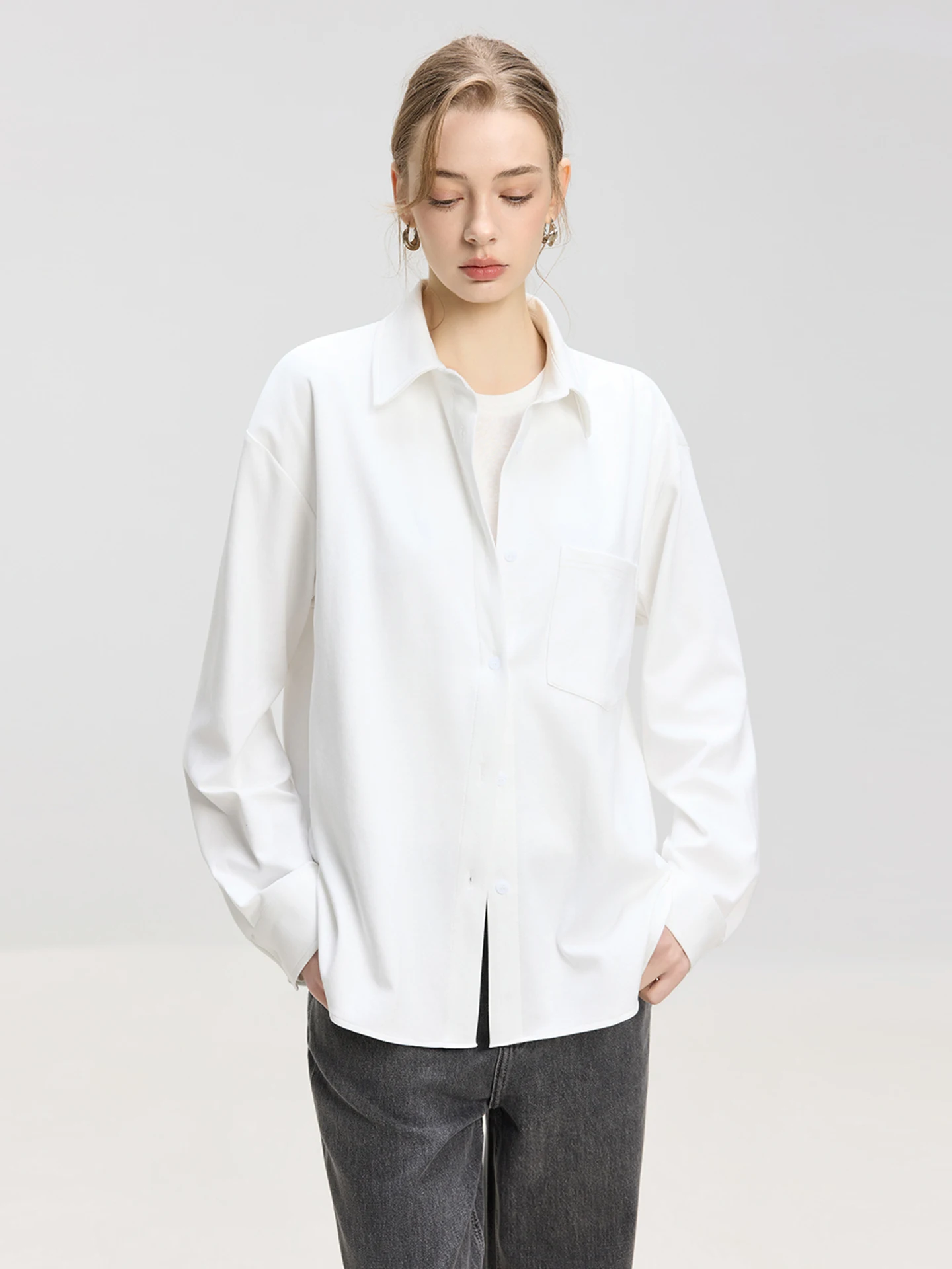 

White Casual Cotton irt Women's Loose Long Sve Turn-down Collar oulder-baring Outerwear Breathable Spring 2026