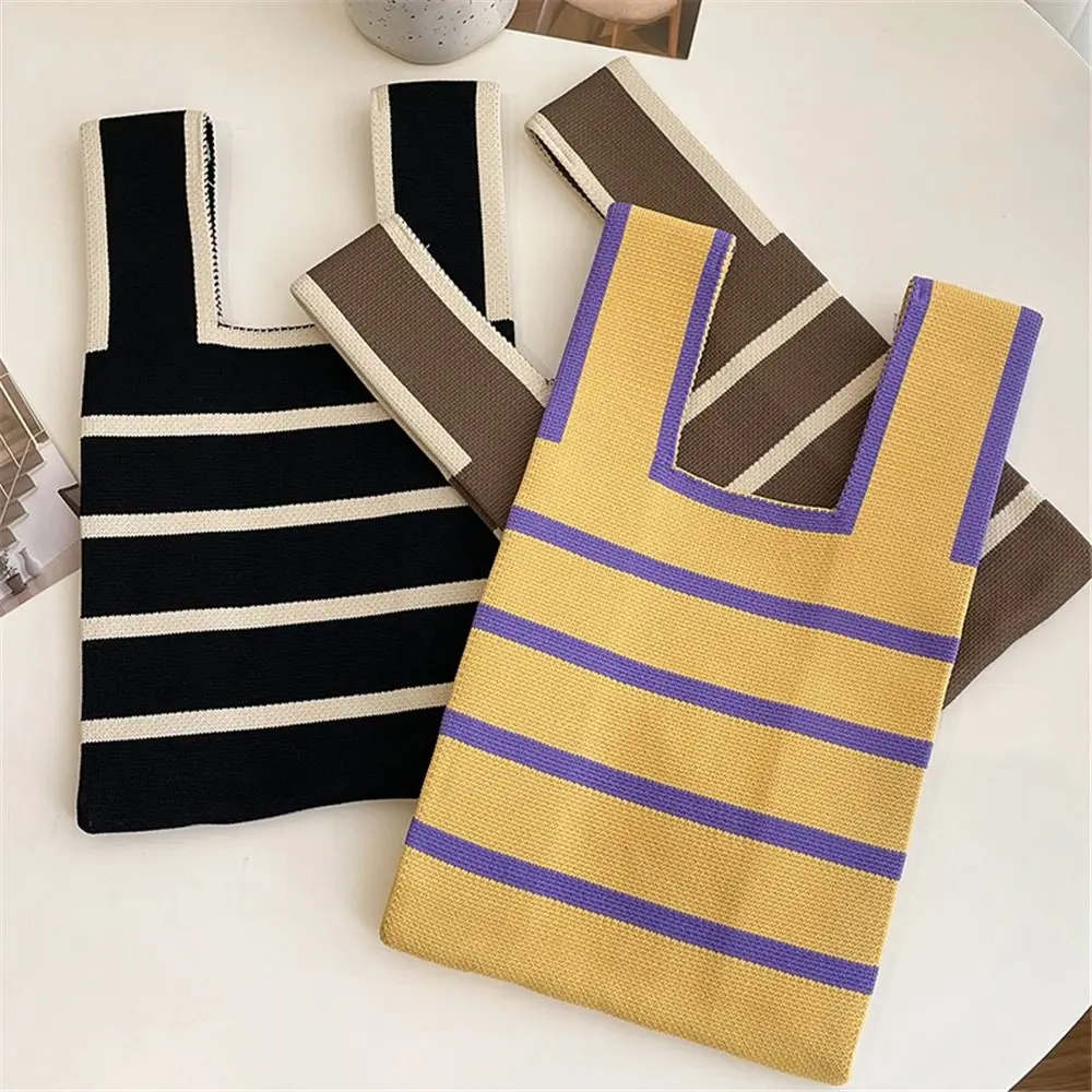 Student Handmade Wide Stripe Plaid Tote Bag Knit Handbag Shopping Bags Knot Wrist Bag