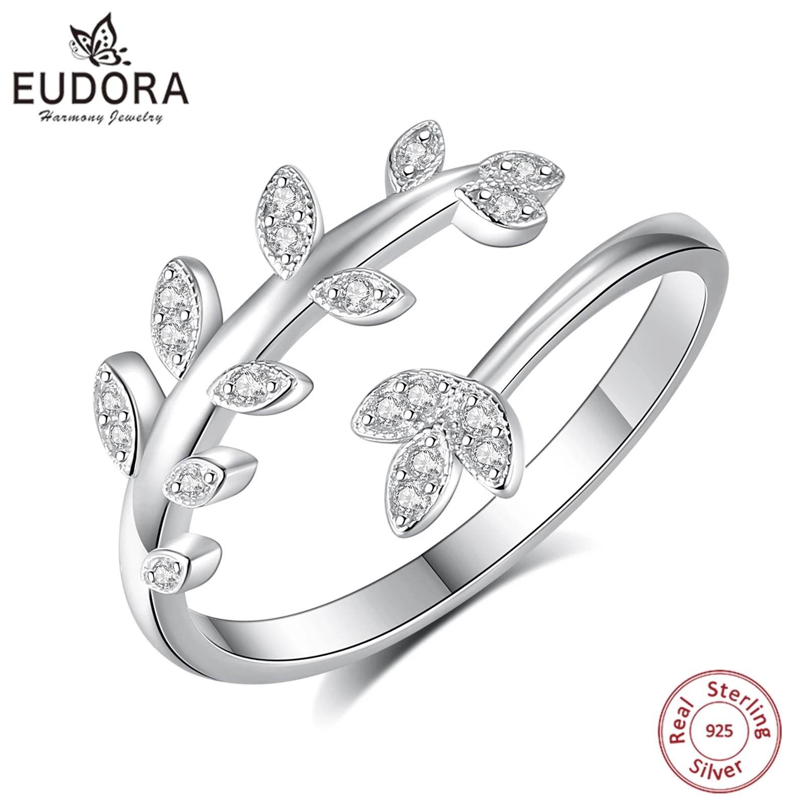 

Eudora 925 Sterling Silver Leaves Adjustable Ring Hypoallergenic AAA CZ Tree Leaves Open Ring Temperament Jewelry Unisex Gift