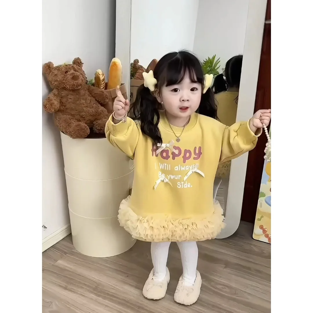 Autumn Winter Toddler Girl Dress Cotton Fleece Letter Knotbow Infant Baby Girl Vestidos Tulle Spliced Long Sleeve Kid Girl Dress