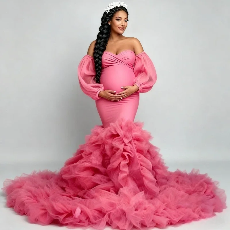 فستان حورية البحر للحمل - فستان من التول المطاطي بحاشية واسعة مع تعريف الخصر - فساتين تصوير للأمهات فيستدو ماتمينيداد #2