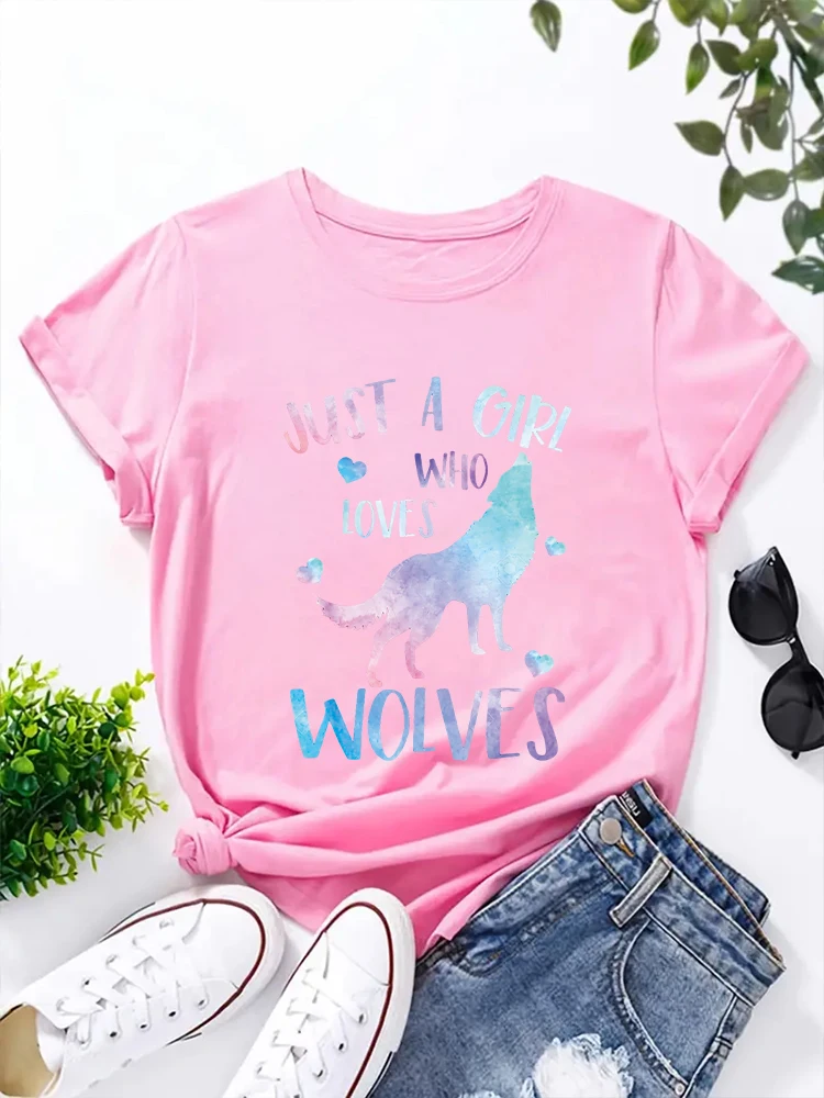 2024 New Just A Girl Who Loves Wolves Letter Wolf Print T-shirt Casual Comfort Round Neck Women\'s T-shirt Summer