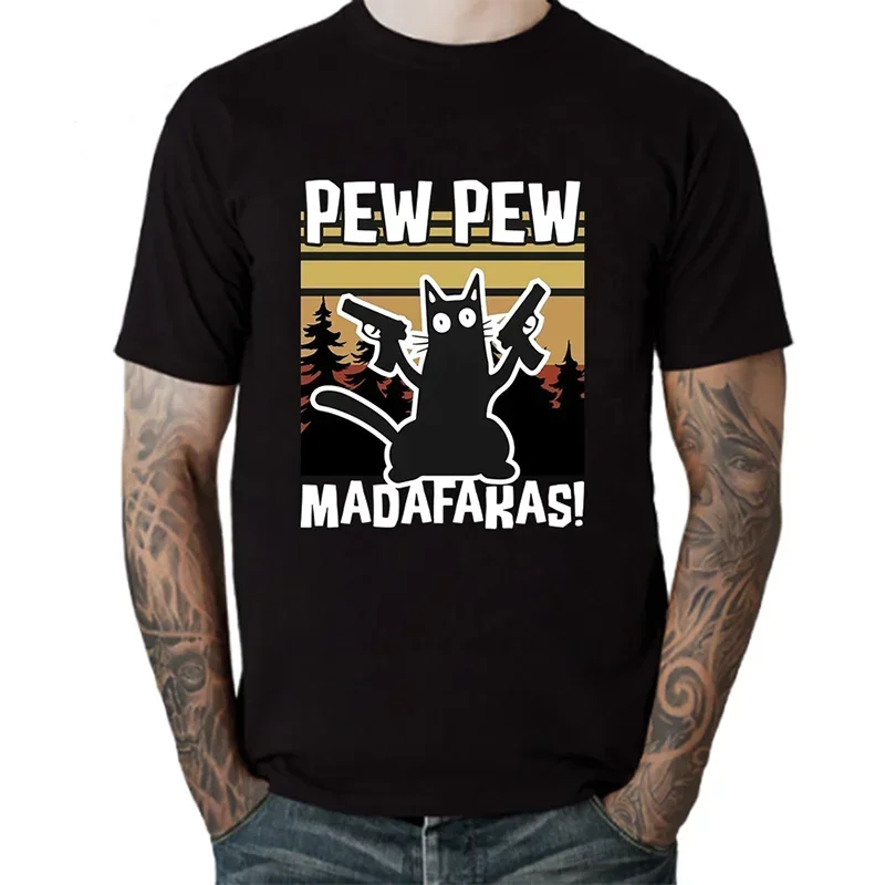 Cute Anime Mens Pew Pew Madafakas T Shirt Men Boys Action Cat Rude Slogan Meme Tee Shirt Kawaii Cartoon Cat Animal Print T-Shirt