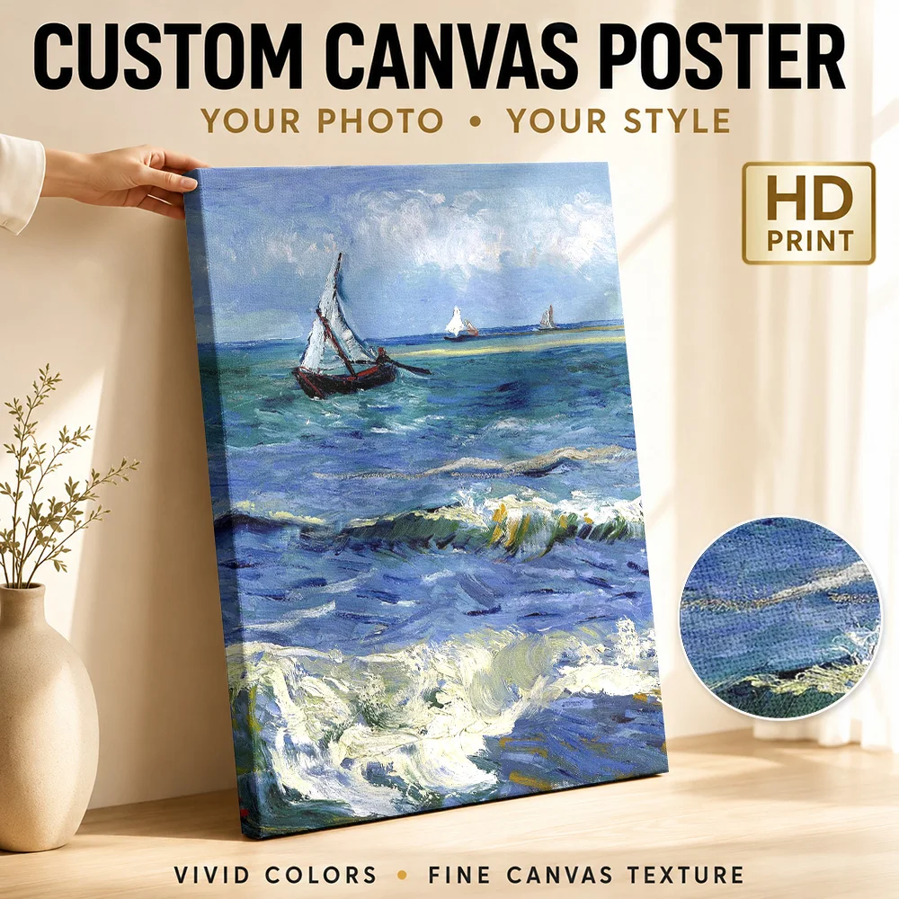 Vincent Van Gogh Seascape Framed Canvas Poster Customized Photo Detailed Painterly Composition Wall Art For Seaside Guesthouse