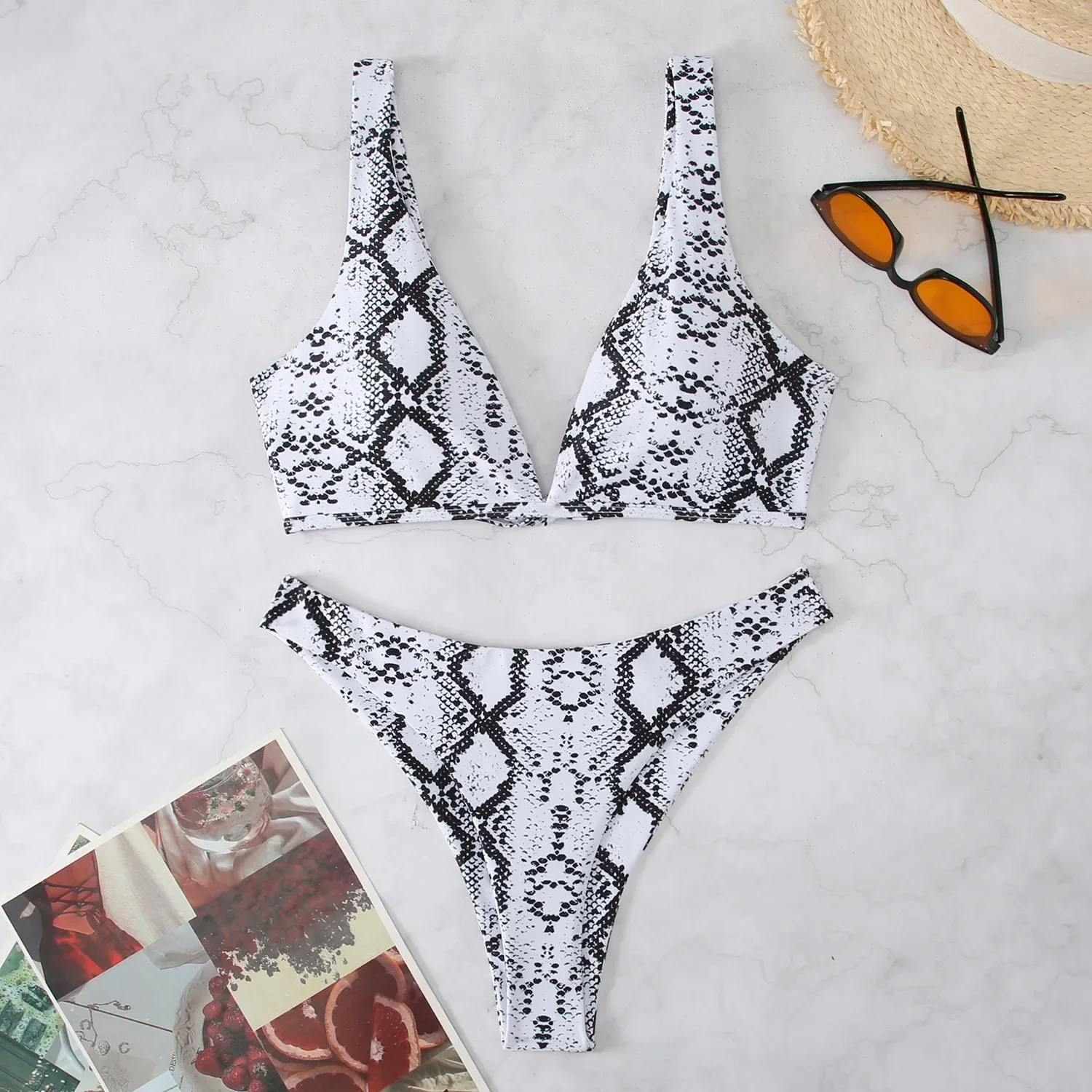 Snake Print Bikini Set Women's Swimsuit Summer Vacation Beach Bathing Suit Sexy V-neck Suspender Backless Swimwear 2025 New