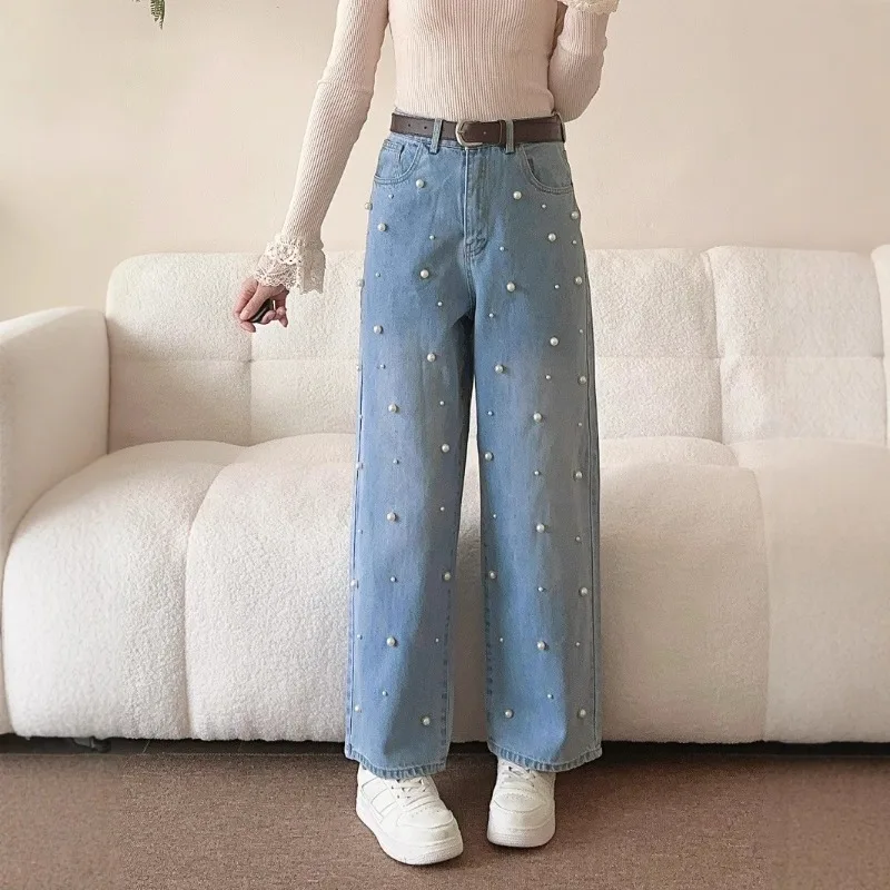 

2026 Spring New Casual Wide-leg Jeans Women's Handmade Beaded Versatile Straight Pants