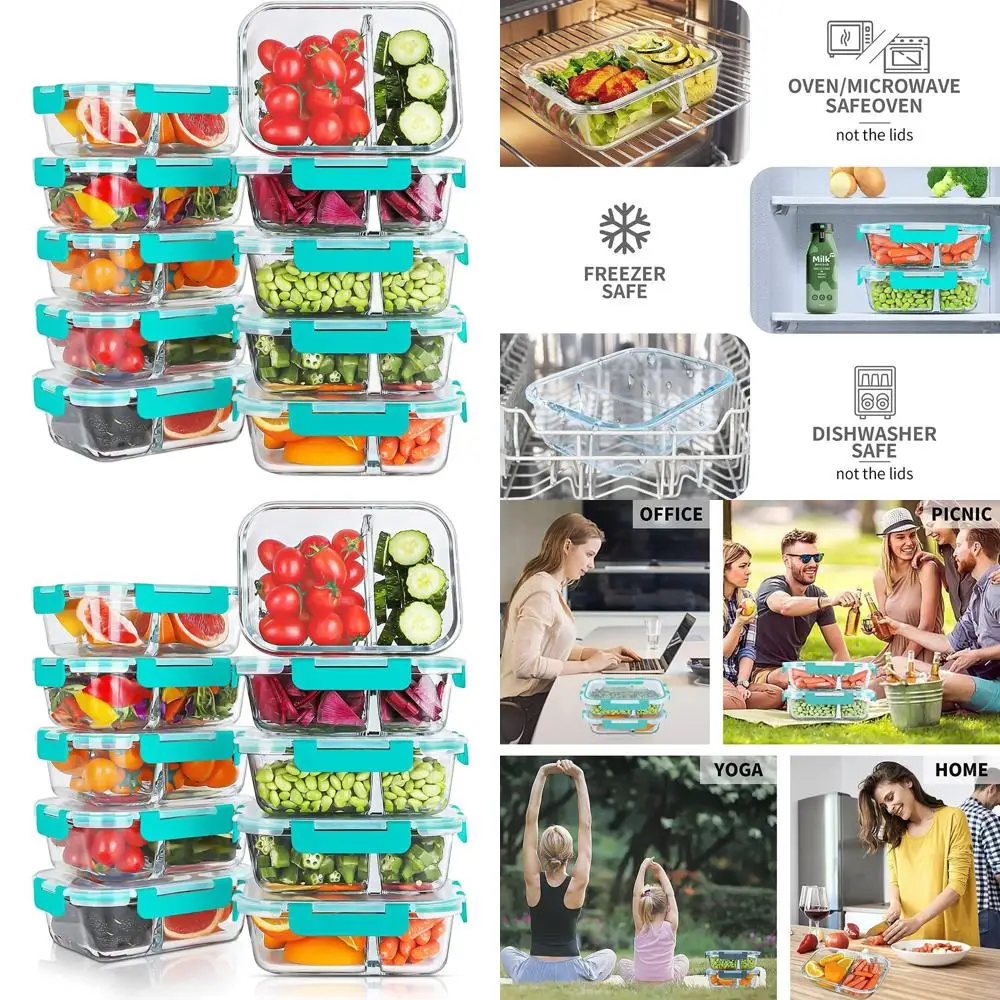

Набор из 10–30 унций стеклянных контейнеров для приготовления еды с 2 отделениями и крышками, герметичных, можно мыть в духовке и в посудомоечной машине, зеленых