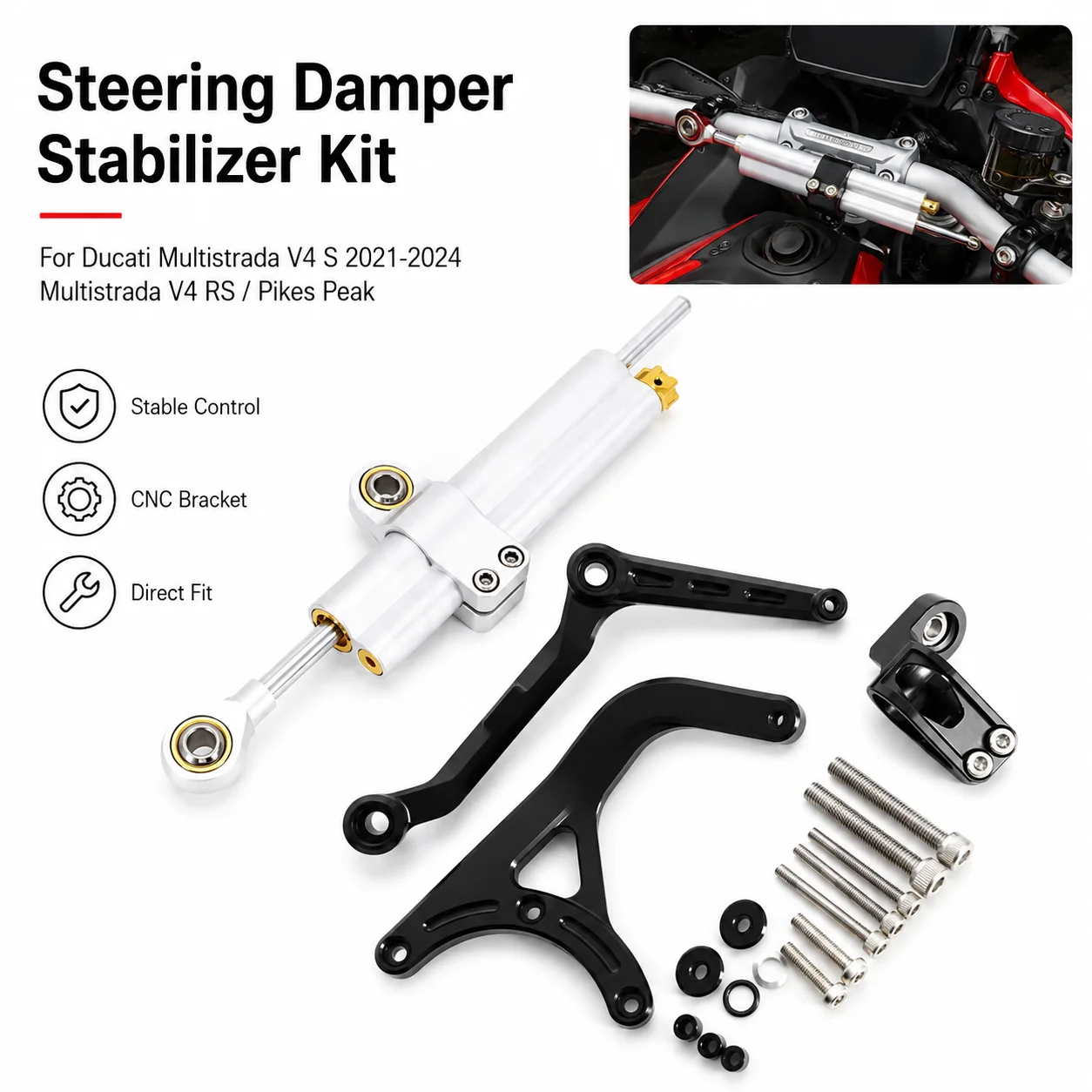 Motorcycle Steering Stabilizer Damper Bracket Mount Kit Compatible With Ducati Multistrada V4 S V4 RS Pikes Peak 2021-2024