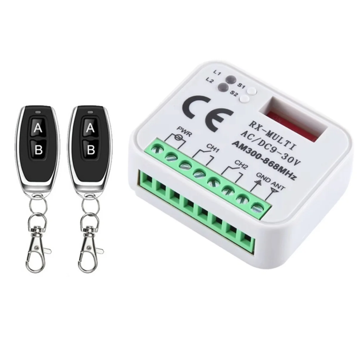 QA88X Universal Garage Door Opener Switch with 2 Remote Control RX Multi Frequency 300-868Mhz Receiver 9-30V 2CH Relay Module