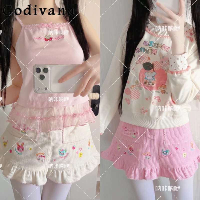 

Original Cute Girl's Cartoon Embroidered Pink Skirts Summer New 2026 Daughter Kawaii Short Skirt Subculture Lo Short Skirt Women