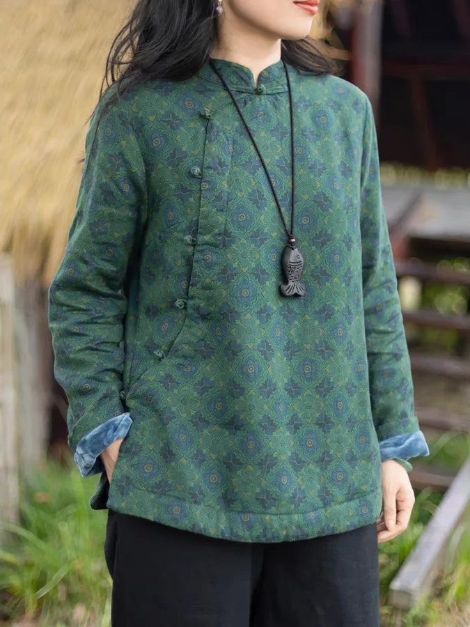 Ciepła, ocieplana bawełną i lnem, drukowana, tradycyjna chińska kurtka zimowa damska z kołnierzem stójką, zapinana na guziki, wygodna, długa...