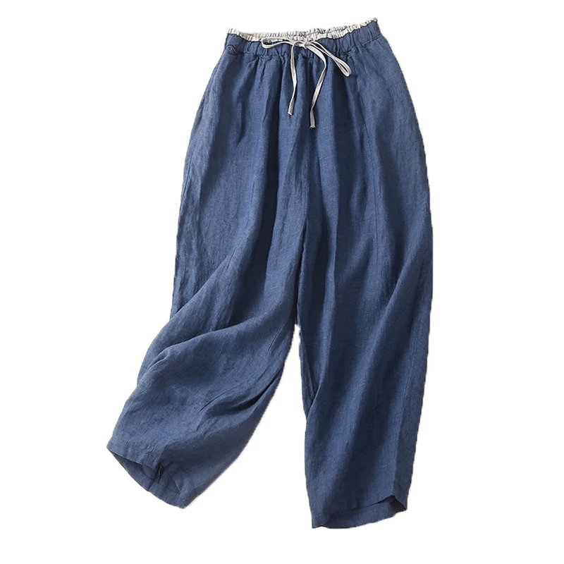 กางเกงฮาเร็มผู้หญิง เอวสูง ความยาวเก้าส่วน มีเข็มขัด ดีไซน์ผ้าต่อกัน ผ้าลินิน ใส่สบายสำหรับฤดูร้อน รุ่นบาง ใส่ได้หลายโอกาส