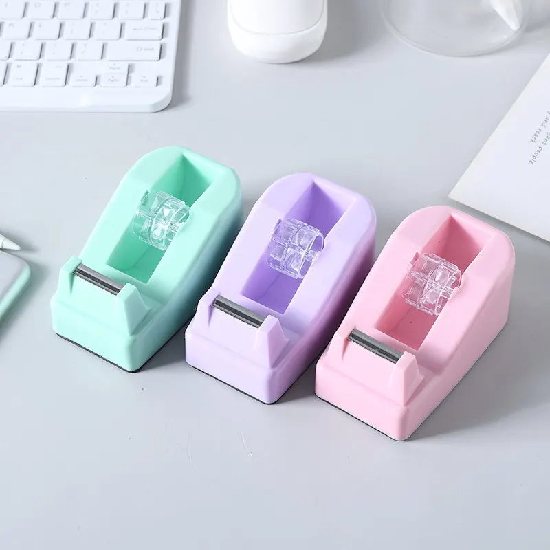 1Pc Solid Color Plastic Tape Dispenser Office Desktop Tape Holder Cutter Office Supplies Random Color