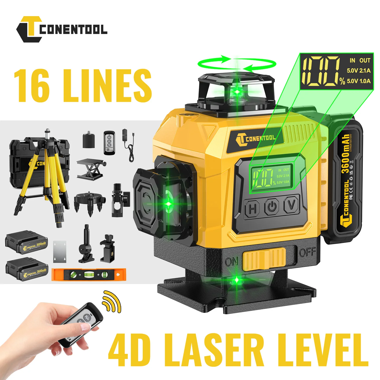 CONENTOOL Niveau laser vert 16 lignes 4x360 autonivelant avec trépied, télécommande, 535nm haute luminosité, machine de mesure horizontale et verticale, rechargeable Type C, double batterie, outil d'alignement pour la construction, les carreaux, les plafonds, les murs et les sols