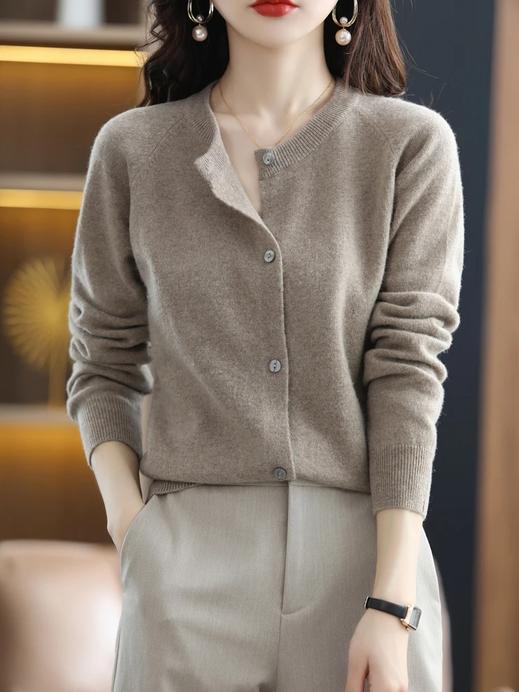 New Spring Autumn Women Cashmere Sweate 100% Merino Wool  Knitted  Solid Color Cardigan O-Neck Baggy Long-Sleeved Button-Up Top