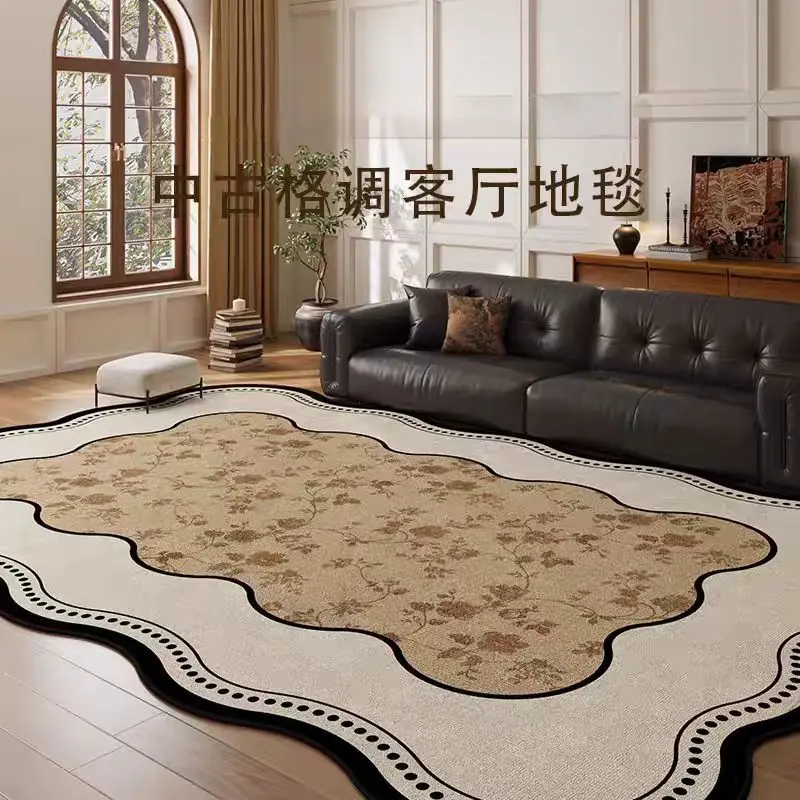 VIKAMA Wavy Unique Shaped Vintage Floral Rug Non Slip Machine Washable French Style Large Living Room Decor Rug Home Decor