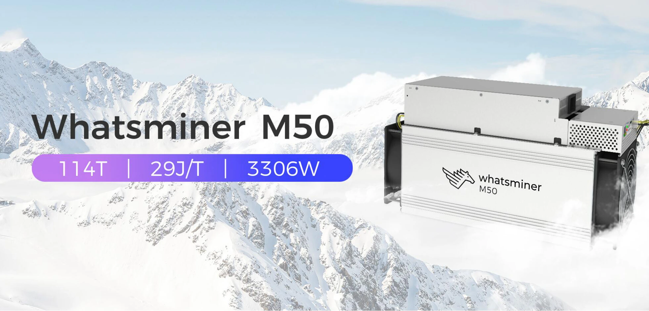 Whatsminer M50 achieve 118 TH/s at 29 J/T 3306W Power Supply Included