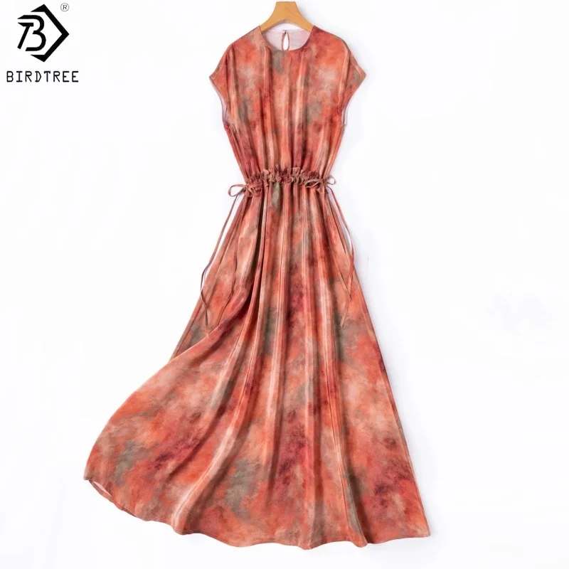 BirdTree, 100% Real Silk Print Dress, Raglan Sleeve O-neck, Women Double Crepe Waist Drawstring Loose 2026 New Dresses D66514JF