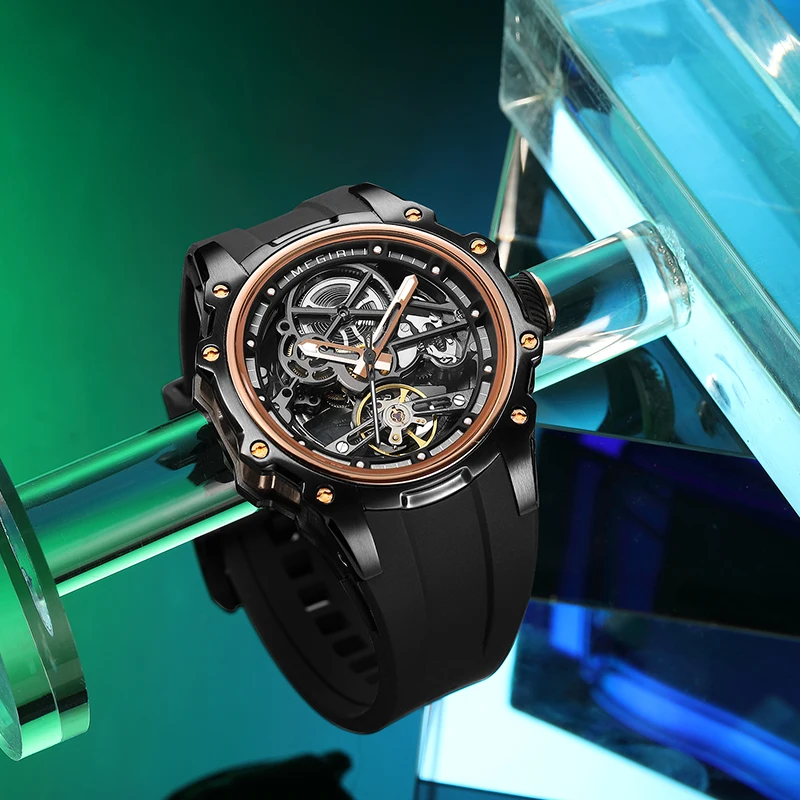 MEGIR 2243 جديد برميل النبيذ الأزرق توربيون ساعة ميكانيكية أوتوماتيكية فاخرة الجوف الهاتفي 30 متر مقاوم للماء الساعات الفاخرة للرجال