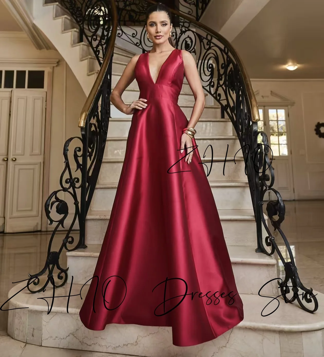 ZHIO Elegant Red Wedding Party Dress V-Neck Bow Draped A-line Sweep Train Taffeta Formal Occasion Birthday Evening Gown Custom